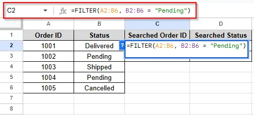 using FILTER function for search range method