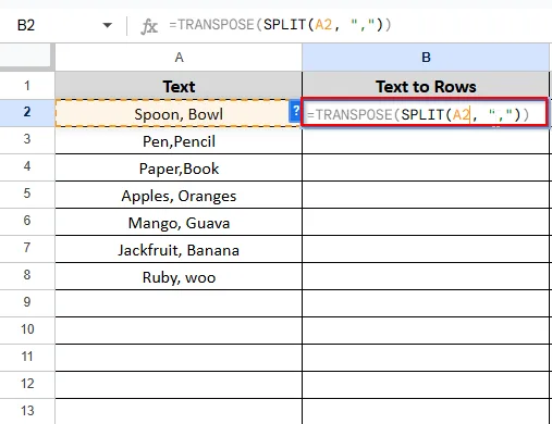 writing formula on cell B2