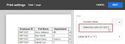 choosing selected cells option