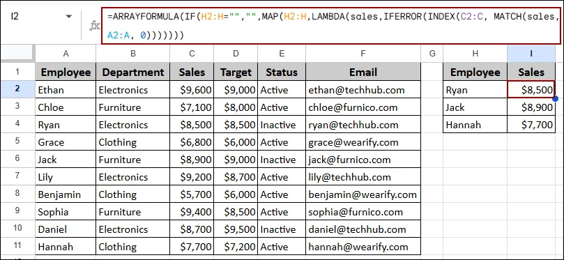Google Sheets ARRAYFORMULA with INDEX and MATCH Functions