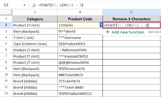 writing formula in cell C2 to remove first 3 characters