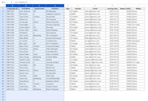 selecting columns A:D