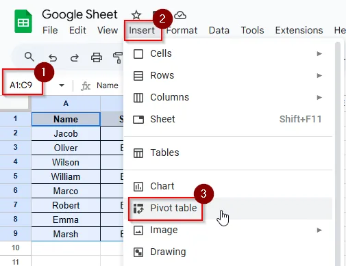 selecting cells and click insert> pivot table