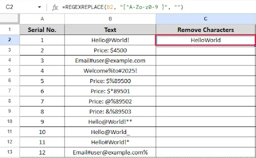 showing the result in C2 after removing special characters