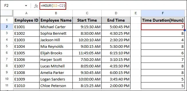 Determining Time Difference in Google Sheets