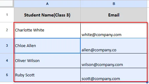 student name and email original data without shifting any cell
