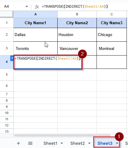 writing formula in cell A4 to see the city names of japan
