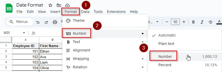 Conversion Between Date, Number and Text Formats in Google Sheets