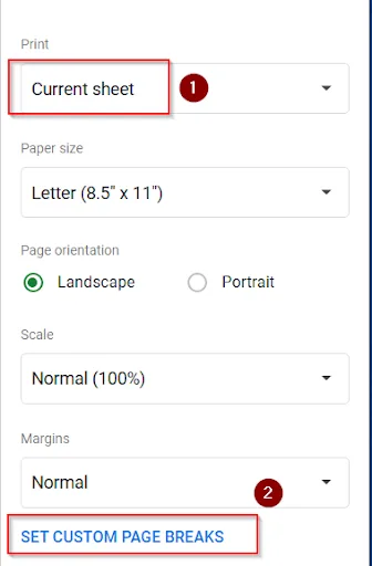 choosing current sheet and set custom page break option