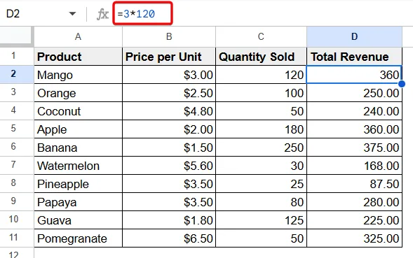 How to Multiply Numbers Directly in Google Sheets