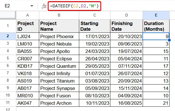 Google Sheets Count Months Between Two Dates