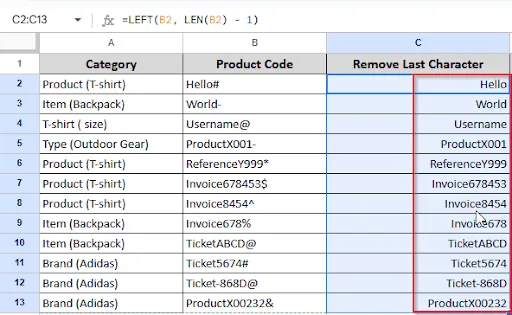 dragging to remove last characters from other cells
