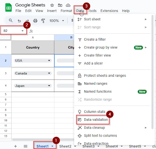 Clicking data and data validation in sheet 1 and cell B2
