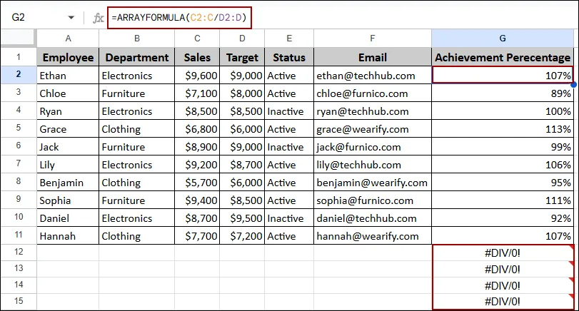 Fixing ARRAYFORMULA Not Working in Google Sheets