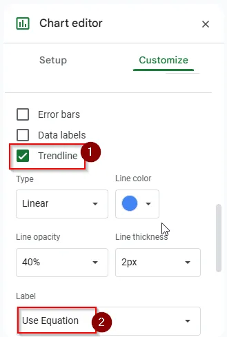 tick in the trendline option and choose use equation option