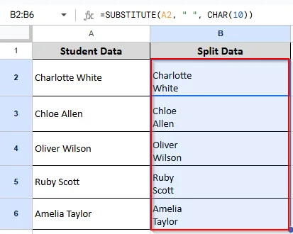 dragging the formula to split other cells in half