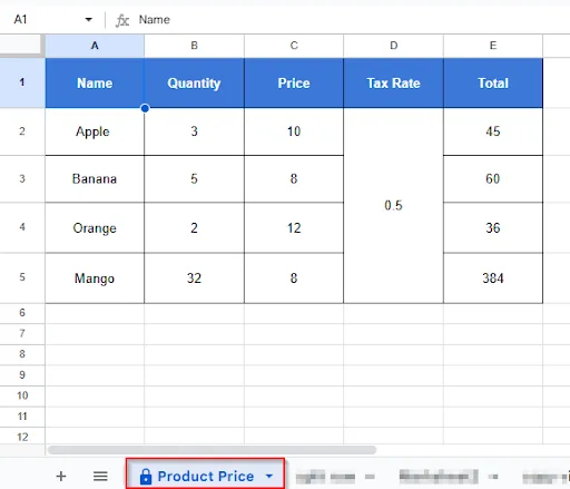product price dataset image in the unprotect sheet method