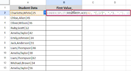 writing formula on cell B2 to get first value