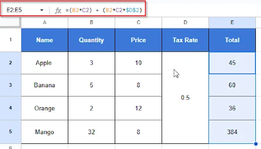 selecting all formula cells E2 to E5