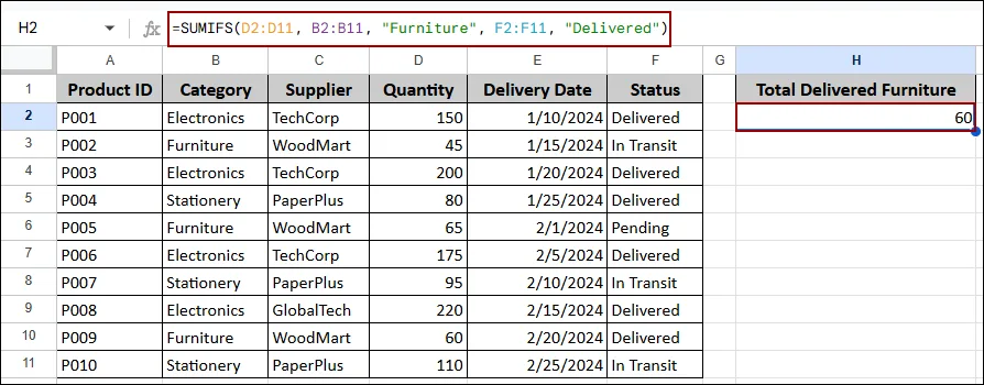 Google Sheets SUMIF Function with Multiple Criteria