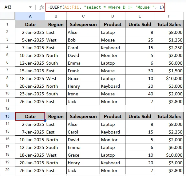 Applying QUERY Function to Filter Data Using Conditions