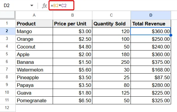 How to Multiple Numbers Using Cell References in Google Sheets