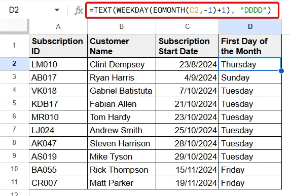 Google Sheets Find First Day of Month