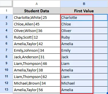 dragging to get the first value of all student data