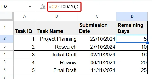 Google Sheets Count Days From Date To Today