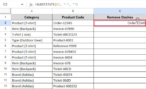 showing result in cell C2 after removing dashes from string