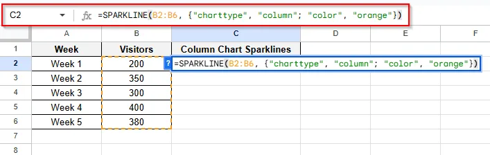 click on cell c2 and type formula to see column chart sparkline